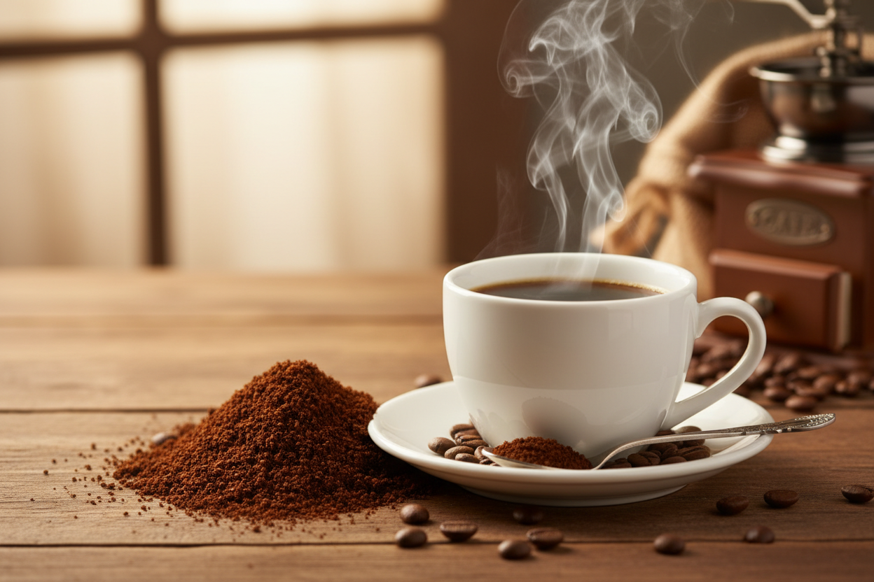 coffee in grounds and in a cup hot